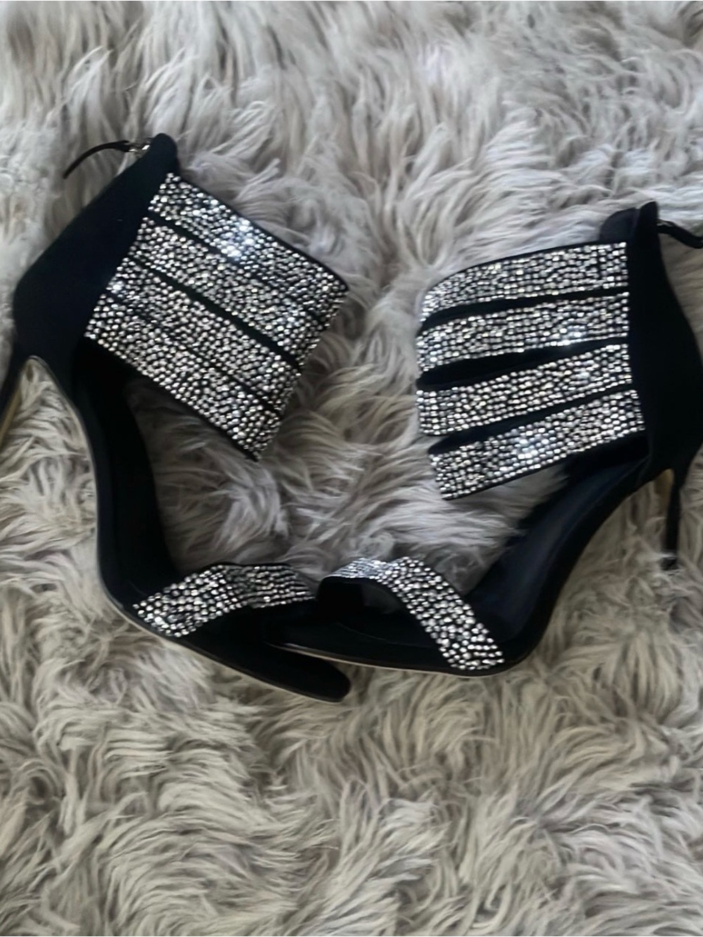 Black Rhinestone Strappy High Heel Sandals